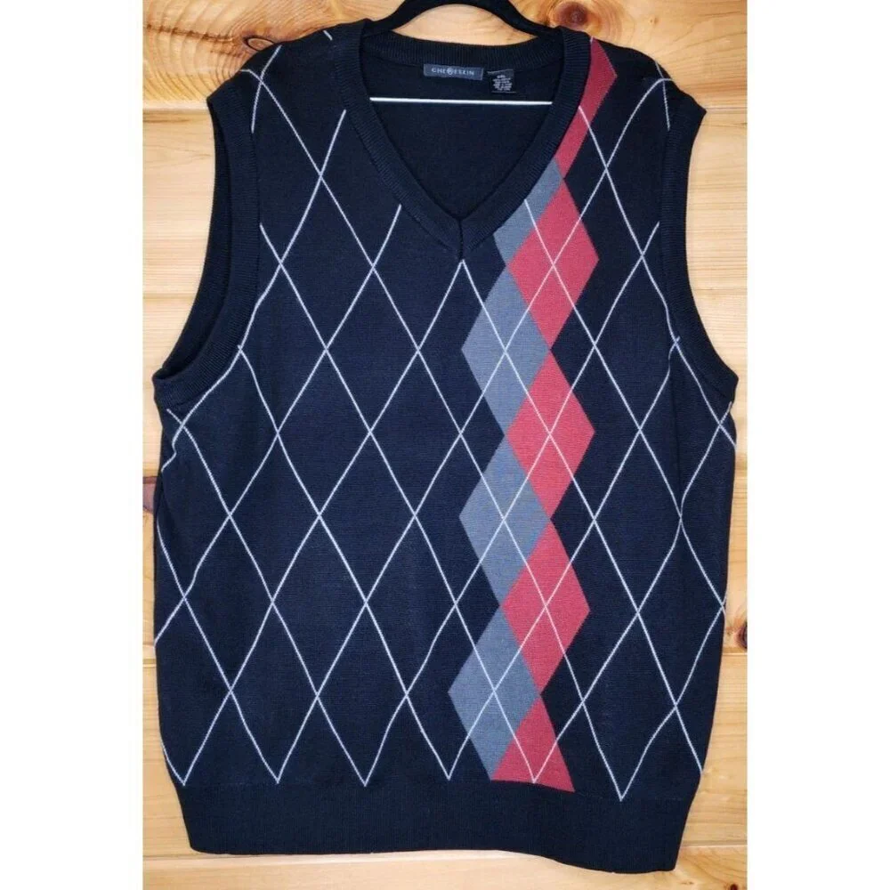 Chereskin Mens Size XXL Sweater Vest Dusty Red Gray Black Argyle 100% Acrylic